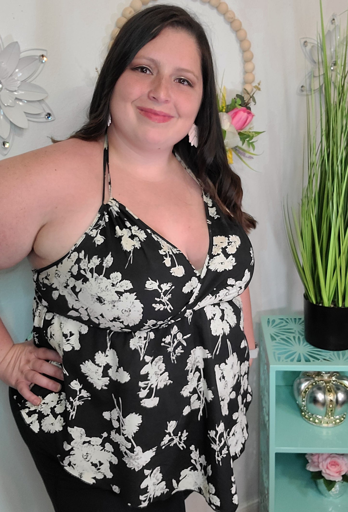 Black Floral Double Strap V Neck Cami