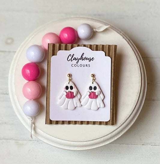 Pink Pumpkin and Ghost Clay Earrings