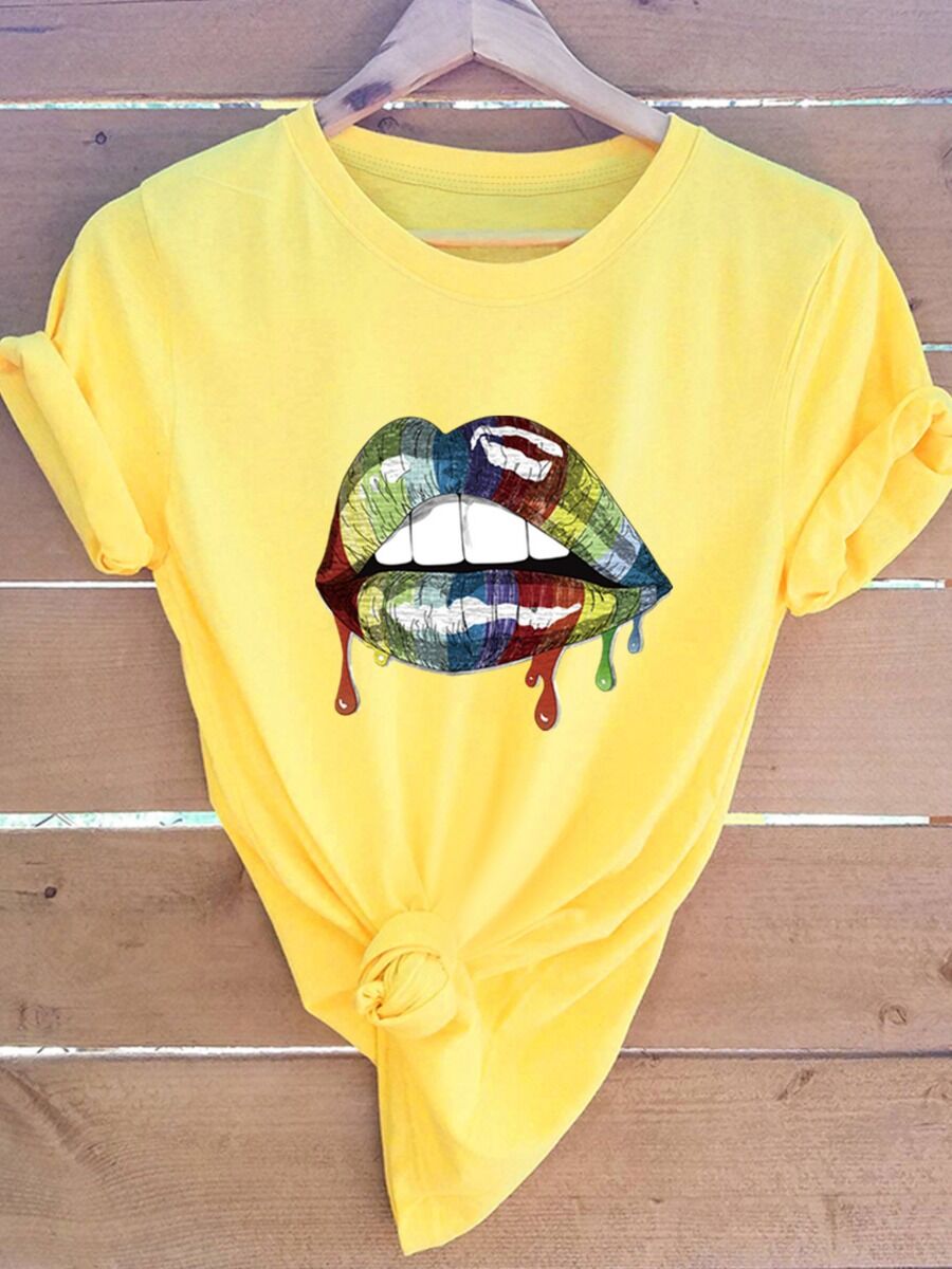 Colorful Lips Print Short Sleeve Yellow Tee