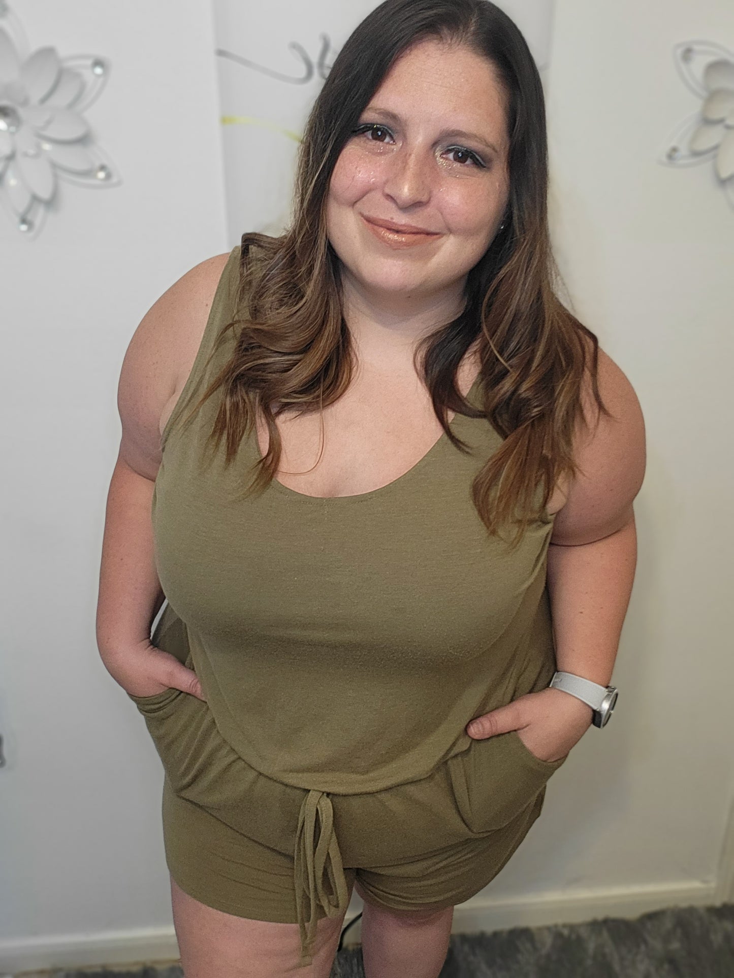 Olive Green short sleeve romper with pockets