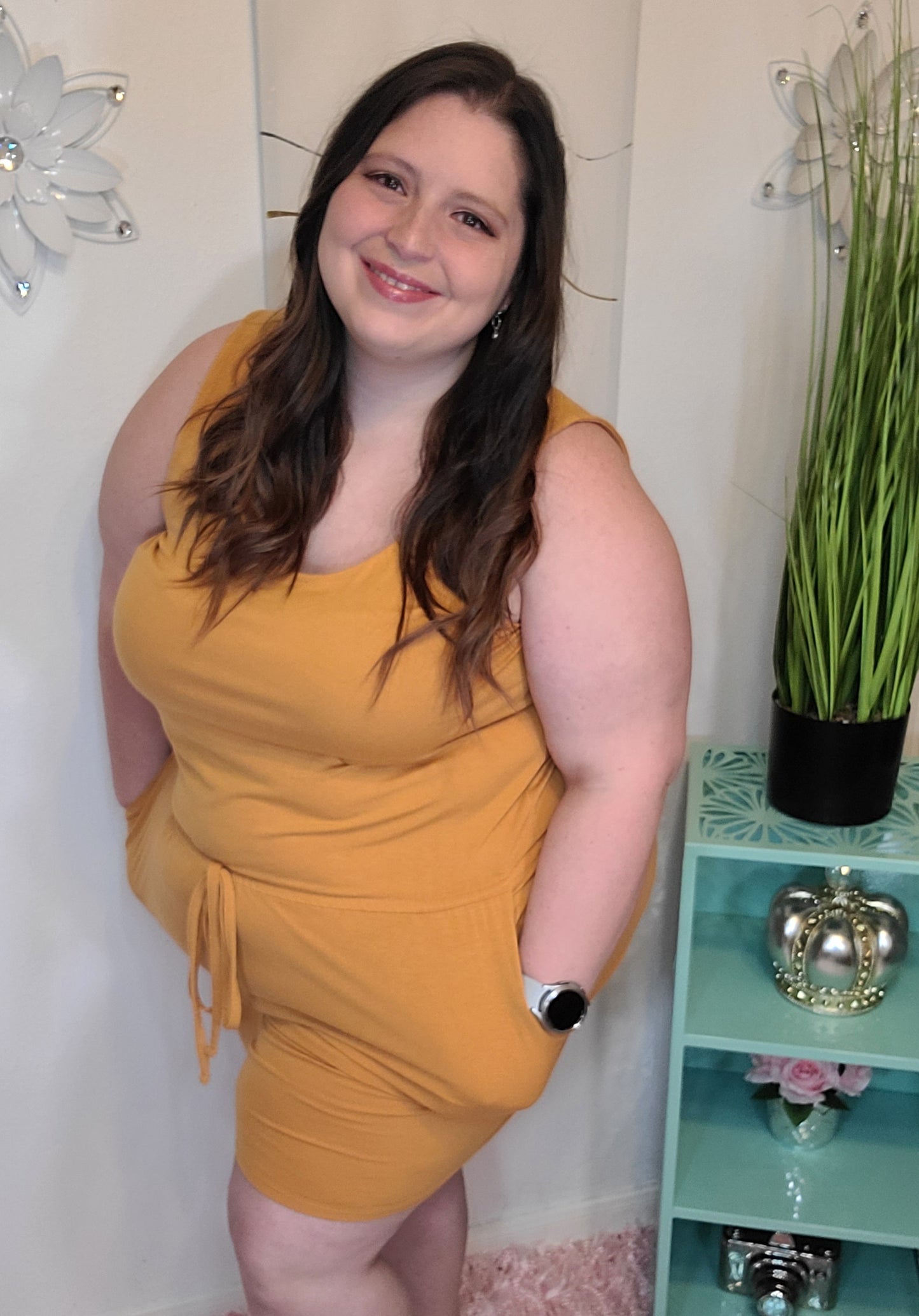 Mustard short sleeve romper with pockets