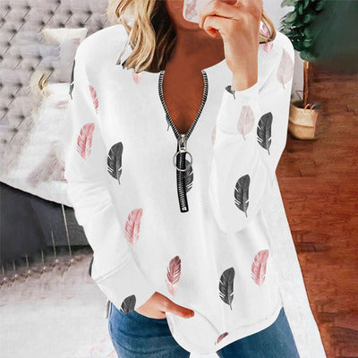 V-Neck Feather Print Zipper Long Sleeve Loose T-Shirt