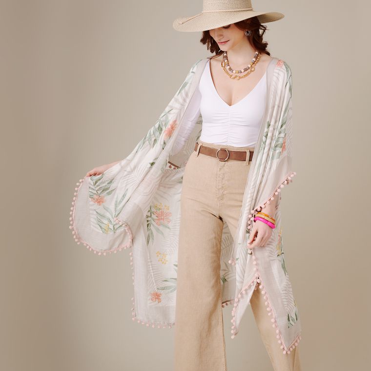 Tropical Flowers Pom Pom Kimono