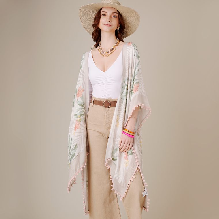 Tropical Flowers Pom Pom Kimono